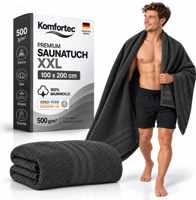 Produktbild von Komfortec Saunatuch 2er Set 100x200 cm XXL, 100% Baumwolle, 500 g/m², extra große und weiche Duschtücher, saugstark & schnelltrocknend, Anthrazit