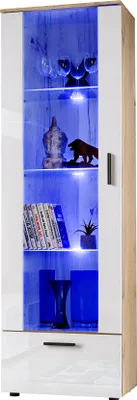 Produktbild von Komodee, Vitrine Schrank Alessandria, Wotan/Weiß, Breite 60cm x Höhe 192cm x Tiefe 42cm, 3 Glasböden, 1 Regal aus laminierter Platte, für Wohnzimmer, Schlafzimmer, LED Blau