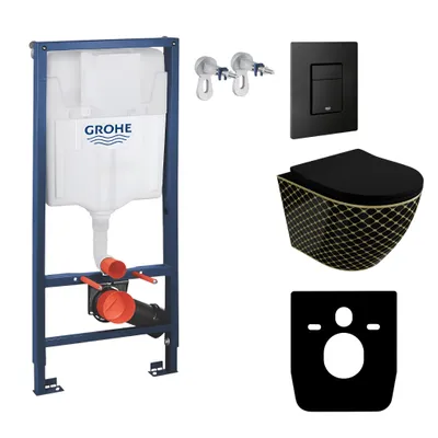 Produktbild von GROHE Vorwandelement Solido + Wand Hänge WC Sofi Slim Black Night Schwarz Spülrandlos + WC-Sitz SoftClose | Schwarzer Knopf | Komplettset | Unterputz Spülkasten |  Toilette Komplett Sett