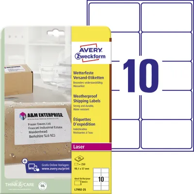 Zdjęcie produktu dla Avery Weatherproof Shipping Labels, Biały, 10 ark., 99,1 mm, 57 mm, 250 szt.