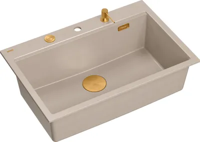 Produktbild von QUADRON Spülbecken 1-Becken Spüle | Größe: 76 x 50 x 23,5 cm | MARC 110 | Granitspüle aus GraniteQ mit Siphon + Spender + Platte |  Beige/Golden
