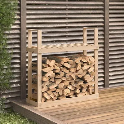 Zdjęcie produktu dla Półka na drewno do kominka, wykonana z litego drewna sosnowego, o wymiarach 110 x 35 x 108,5 cm, idealna do przechowywania drewna opałowego. Stojak na drewno do kominka, idealny do salonu, ogrodu i użytku zewnętrznego