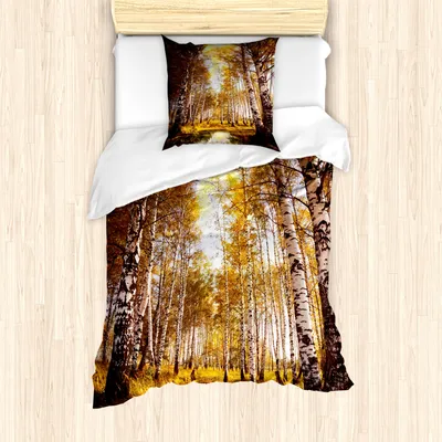 Produktbild von ABAKUHAUS Baum Mantele, Herbst-Birken-Fluss, Milbensicher Allergiker geeignet mit Kissenbezügen, 135 cm x 200 cm - 80 x 80 cm, Gelb, Braun, Weiß