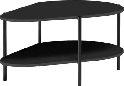 A black, two-tiered coffee table with a unique, asymmetrical shape.