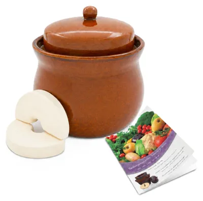 Produktbild von KERAZO Gärtopf 2 Liter aus Steinzeug Keramik inklusive Deckel + Stein + Anleitung [Form 2] BRAUN - Gurkentopf Einlegetopf Rumtopf Fermentation