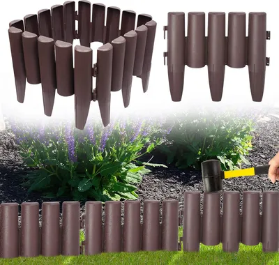 A collage showing brown plastic garden edging in various configurations, including a curved section, straight sections, and a demonstration of installation with a mallet.