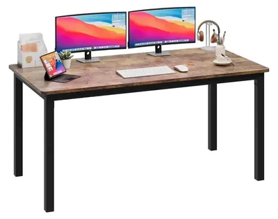 Image de Bureau d'ordinateur et de gaming - Bureau - 160 cm, rectangulaire - Plateau en bois - Pieds métalliques robustes - Bureau à domicile - Marron