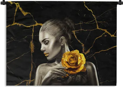 Produktbild von MuchoWow® Wandteppich Wandbehang Frauen - Rosen - Gold - Marmor 90x67.5 cm Tapisserie Dekoration Wandtuch - Fototeppich - Wand-Skulpturen