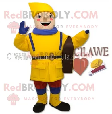 Immagine prodotto di Personaggio in costume della mascotte REDBROKOLY della Guardia Svizzera gialla vestito con una tuta e portafogli