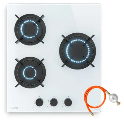 Image de Klarstein Goldflame Plaque De Cuisson Gaz, 3 Brûleurs, 5800W, Verre Trempé, Laiton, Allumage Automatique, Sécurité Flamme, Gaz Naturel & GPL, 45x52cm, Kit Installation