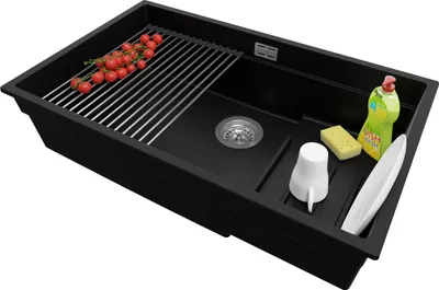 Produktbild von PRIMAGRAN Unterbauspüle Granit Schwarz 76x47cm, Spülbecken 1 Becken + Ablauf-Set + Aufrollbare Abtropffläche, Granitspüle ab 80er Unterschrank - Praga