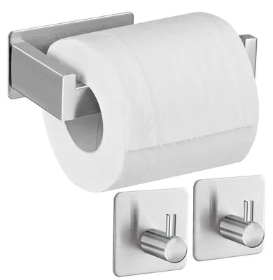 Image de Porte-papier hygiénique sans perçage, porte-papier hygiénique autocollant en acier inoxydable avec 2 crochets pour serviettes, pour la cuisine et la salle de bains, couleur argent