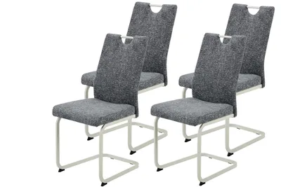 Produktbild von Hela Tische, 4er SET Freischwinger Esszimmerstuhl Tivoli, Bezug Webstoff Grau Boucleòptik, Lehne mit Griff, Vierkantgestell Perlweiß, 140kg belastbar