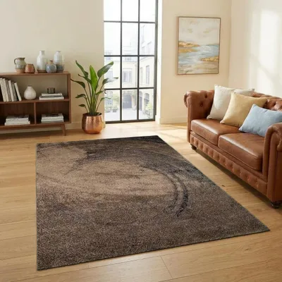 Image de Tapis design marron et beige à motifs circulaires, style moderne et élégant, pour le salon, dimensions : 80 x 150 cm