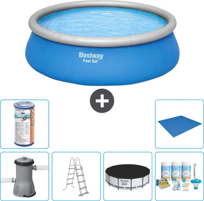 Zdjęcie produktu dla Okrągły nadmuchiwany basen Fast-Set Bestway - 457 x 122 cm - niebieski - w tym pompa - pokrywa drabinki - pakiet konserwacyjny - filtr - podłoże