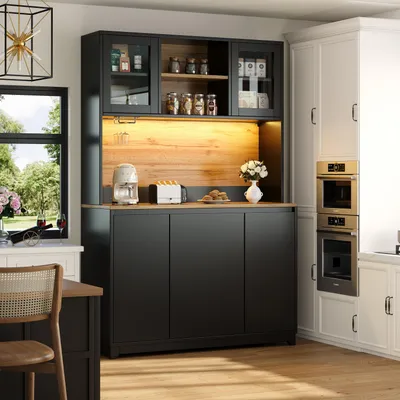 Produktbild von okwish Küchenschränke Hochschrank Sideboard mit farbwechselnde LED-Beleuchtung,Buffetschrank Beistellschrank mit offene mittlere Bereich,schwarz