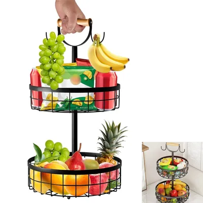 Produktbild von Metall Obstkorb 2-stöckig mit Bananenhalter,Abnehmbar, Stabil,Aufbewahrungskorb für Früchte, Gemüse und Snacks, 2er Set Gemüsekorb,Drahtkorb