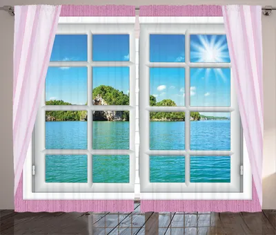 Produktbild von ABAKUHAUS Ozean Rustikaler Vorhang, Idyllische Aussicht vom Fenster, Wohnzimmer Universalband Gardinen mit Schlaufen und Haken, 280 x 260 cm, Pink Blau