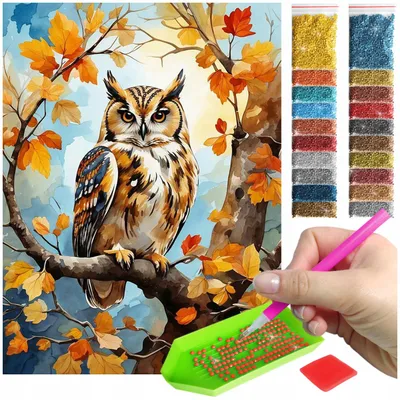 Produktbild von ARTULIO Diamond Painting Set - Stolze Eule auf herbstlichem Zweigmotiv - 30 x 40 cm - 5D Crystal Art, Bilder DIY