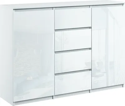 Produktbild von Kommode mit 4 Schubladen 2 Schränke 140cm Klamotenschrank Sideboard weiss hochglanz