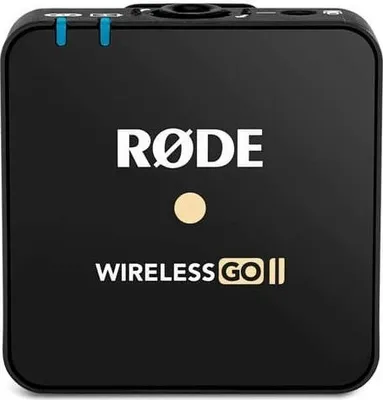 A studio shot of a black Rode Wireless GO II transmitter module.