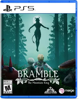 The image is a video game box cover for Bramble: The Mountain King on PS5. It features a dark, mystical forest scene with a silhouette of a winged creature in the background and two children in the foreground.