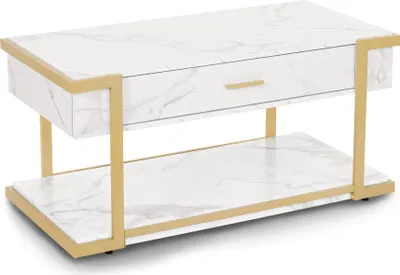 Produktbild von Couchtisch Gold, Beistelltisch mit Schublade, Sofatisch mit 2 Ablagen, Moderner Wohnzimmertisch Metall, Kaffeetisch für Wohnzimmer, 2141