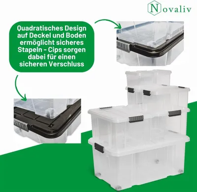 Produktbild von Novaliv Aufbewahrungsbox mit Deckel Groß 45L transparente Nestbar stapelbare Plastikbox mit Clipverschluss Eurobox mit Deckel BPA-frei 61x40x26 cm