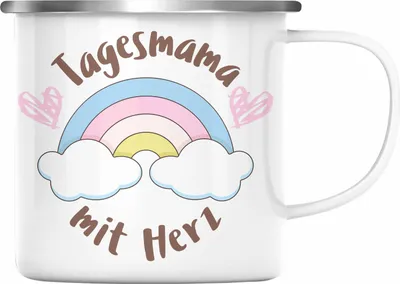 Produktbild von Trendation - Tagesmama Geschenk Emaille Tasse Tagesmutter Aufpasserin Erzieherin Geschenkidee mit Herz (Silber)