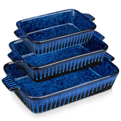 Produktbild von 3-tlg Auflaufform Set, Steingut Ofenform mit Griffen, rechteckige Backform für Brot, Lasagne, Pizza, Mikrowelle & Spülmaschine, Reaktivglasur
