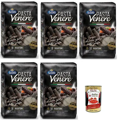 Produktbild von Riso Scotti, Pasta Venere Rigatoni Integrale di Riso Venere, Reispaste, Vollkorn, Faserquelle, Phosphor und Proteine, ideal für eine ausgewogene Ernährung, 5x 400 g + Italian Gourmet polpa 400g