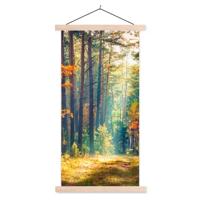 Produktbild von MuchoWow® Textilposter Wald - Sonne - Natur - Herbst 40x80 cm mit holzfarbenen Rahmen - Wohnzimmer