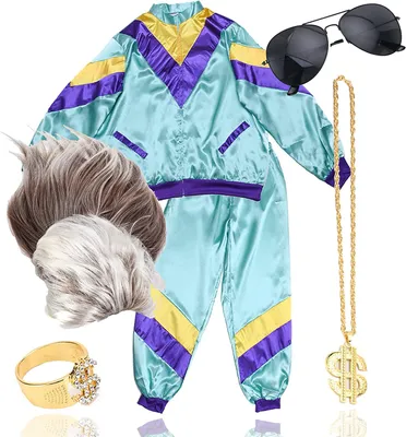 Productafbeelding van 6-in-1 Vokuhila set, 80's outfit, kostuum met uni trainingspak, "Assi"-pruik, gouden ketting, bril - geschikt voor carnaval en andere feestelijke gelegenheden