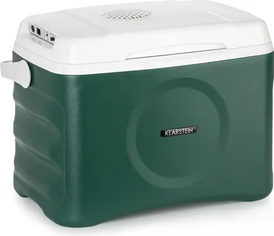 A green and white electric cooler box is shown against a white background.