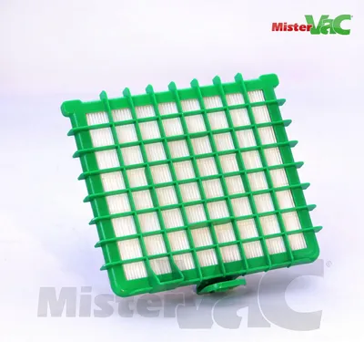 A close-up studio shot of a green and white vacuum cleaner filter against a white background.