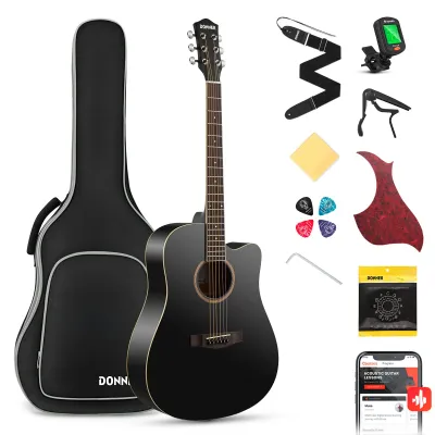 Zdjęcie produktu dla Zestaw gitary akustycznej Donner – pełnowymiarowa gitara akustyczna 4/4 z wycięciem, dla początkujących i dorosłych, 41 cali, z pokrowcem, kapodastrem, kostkami, paskiem i strunami (czarna)
