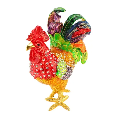 Imagen del producto de Figurita de gallo, soporte para joyas con forma de gallo, escultura de gallo, estatua de gallo de color, caja para joyas con bisagras con forma de animal, caja de almacenamiento con forma de gallo