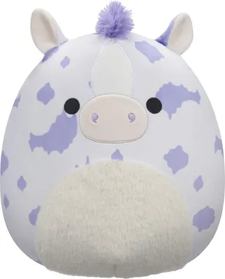 A plush toy horse with purple spots and a fluffy belly.