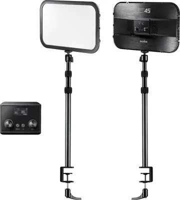 Produktbild von Godox ES45 E-Sports LED-Videolichtpanel max. 2500 Lumen, 2800 KšC6500 K, dimmbar, mit C-Klemme, Tischmontage-Lichtstativ, 2,4 G kabellose Fernbedienung fuer Live-/Game-Streaming, Videokonferenzbeleuchtung