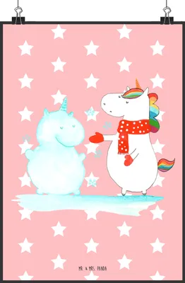 Produktbild von Mr. & Mrs. Panda Bild Einhorn Schneemann DIN A2 - Rot Pastell - Geschenk, Unicorn, Weihnachten, Plakat, Winter, Posterdruck, Kunstdruck, Wandbild, wanddeko, Schnee, Mütze