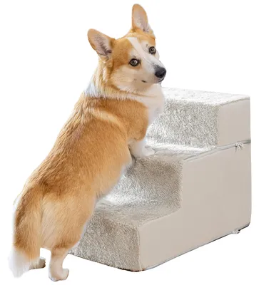 Produktbild von Hundetreppe für kleine Hunde - 3 Stufen Hunde Treppe 43cm hoch - Schaumstoff Hundetreppe Sofa - Sicher und stabil - Abnehmbarer waschbarer Bezug - Anti-Rutsch-Boden - Haustiertreppe Hund Cremeweiß