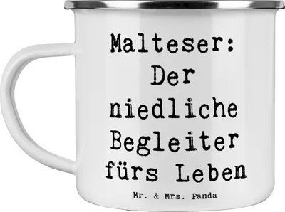Produktbild von Mr. & Mrs. Panda Emaille Tasse Spruch Malteser Begleiter - Weiß - Geschenk, niedlicher, Charakter, Hunderassen Vielfalt, Hunde, Teetasse, Hundeliebe, Haferl, Pott, becher