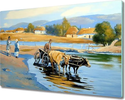 Produktbild von Coloray Kochplattenabdeckung Herdabdeckplatte 80x52 cm Hackbrett Schneidebrett Küchenbrett - Fluss Dorf Hüttendorf