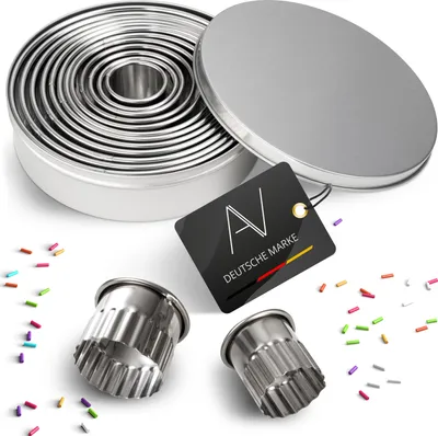 Image de AVANA emporte-pièces en acier inoxydable ondulé 12 pièces anneaux moules à biscuits cutter set biscuit rond emporte-pièces avec boîte de rangement