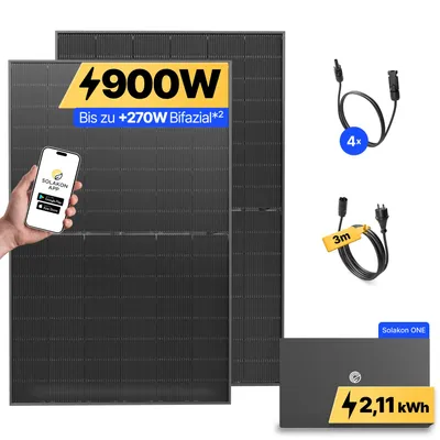 Produktbild von 900W Balkonkraftwerk mit Speicher Solakon ONE (2,11 kWh) Solaranlage Steckerfertig WIFI Komplettset Photovoltaik Anlage 800W, Kabellänge: 3m