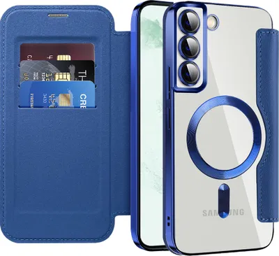 Immagine prodotto di Custodia per Samsung Galaxy S22+ 5G compatibile con MagSafe, custodia trasparente con portacarte, custodia in pelle con protezione della fotocamera blu