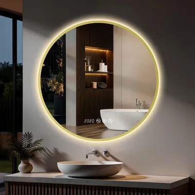 Produktbild von S'AFIELINA LED Badezimmerspiegel Rund Ø80 cm, Goldener Rahmen,3 Lichtfarben, stufenlos dimmbar, Antibeschlag, Uhr & Temperaturanzeige