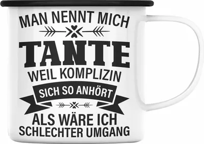 Produktbild von Trendation - Tante Geschenk Emaille Tasse Lustiger Spruch Komplizin Schlechter Umgang Geschenkidee für Beste Tante (Schwarz)