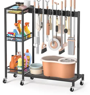 Image de Chariot de nettoyage mobile et gain de place Unyqoos® avec 10 supports pour balais, 4 crochets, 3 étagères, 6 roulettes (dont 2 verrouillables) – 30 x 92 cm, capacité de charge jusqu'à 50 kg