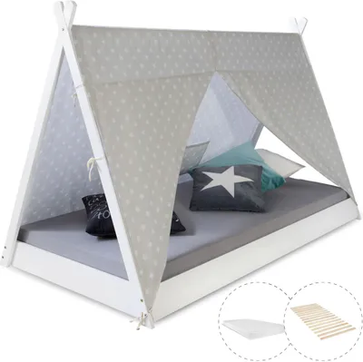 A white wooden children's bed with a tipi-style fabric cover and pillows.